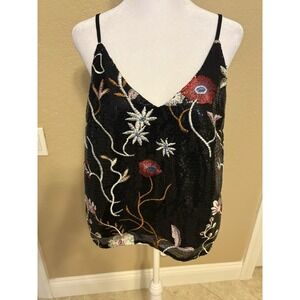 Women's Black Sequined And Floral Embroidered Cami, Tank, Medium